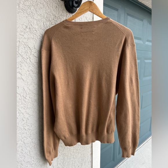 Men's Tan Brown Ralph Lauren V Neck Pima Cotton Sweater W Burgundy Logo Size XL - Picture 3 of 3
